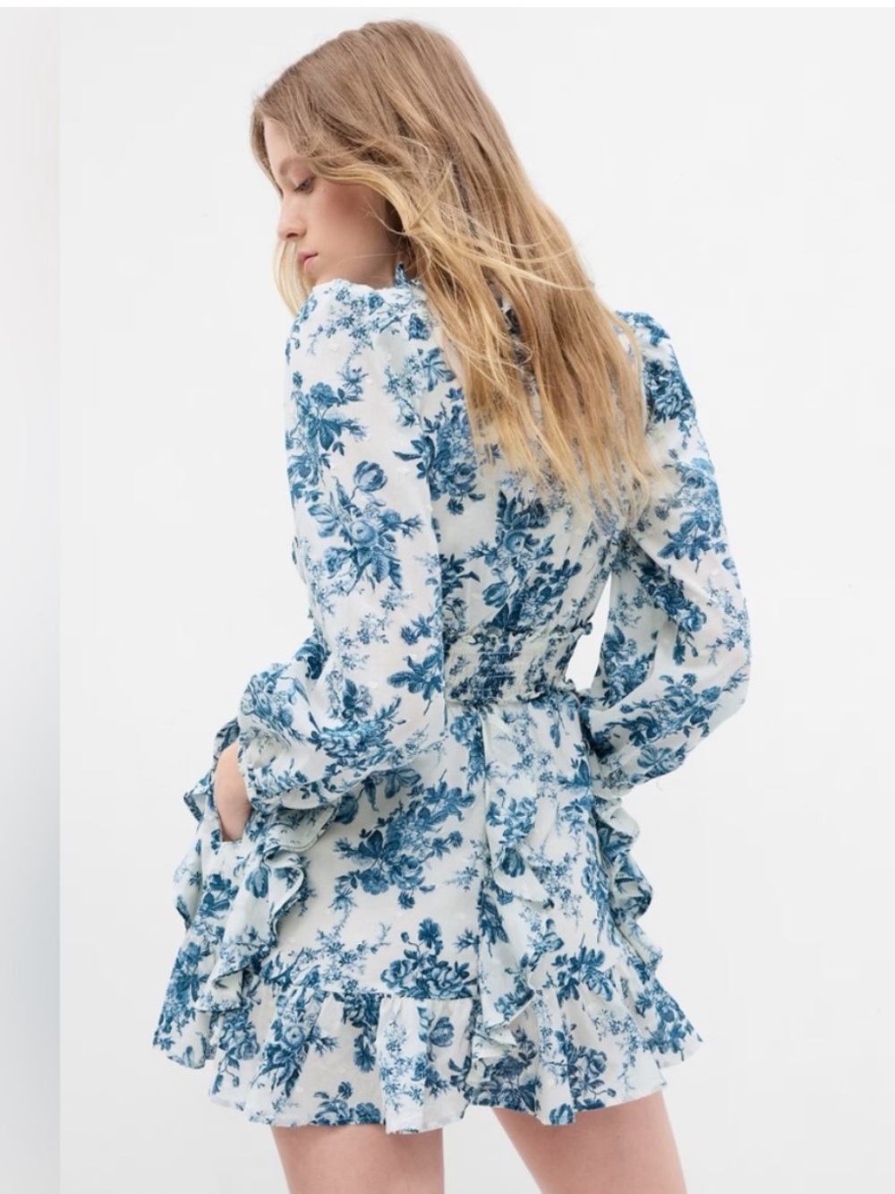 LoveShackFancy X Gap Blue and White Floral Ruffle Mini Dress size L